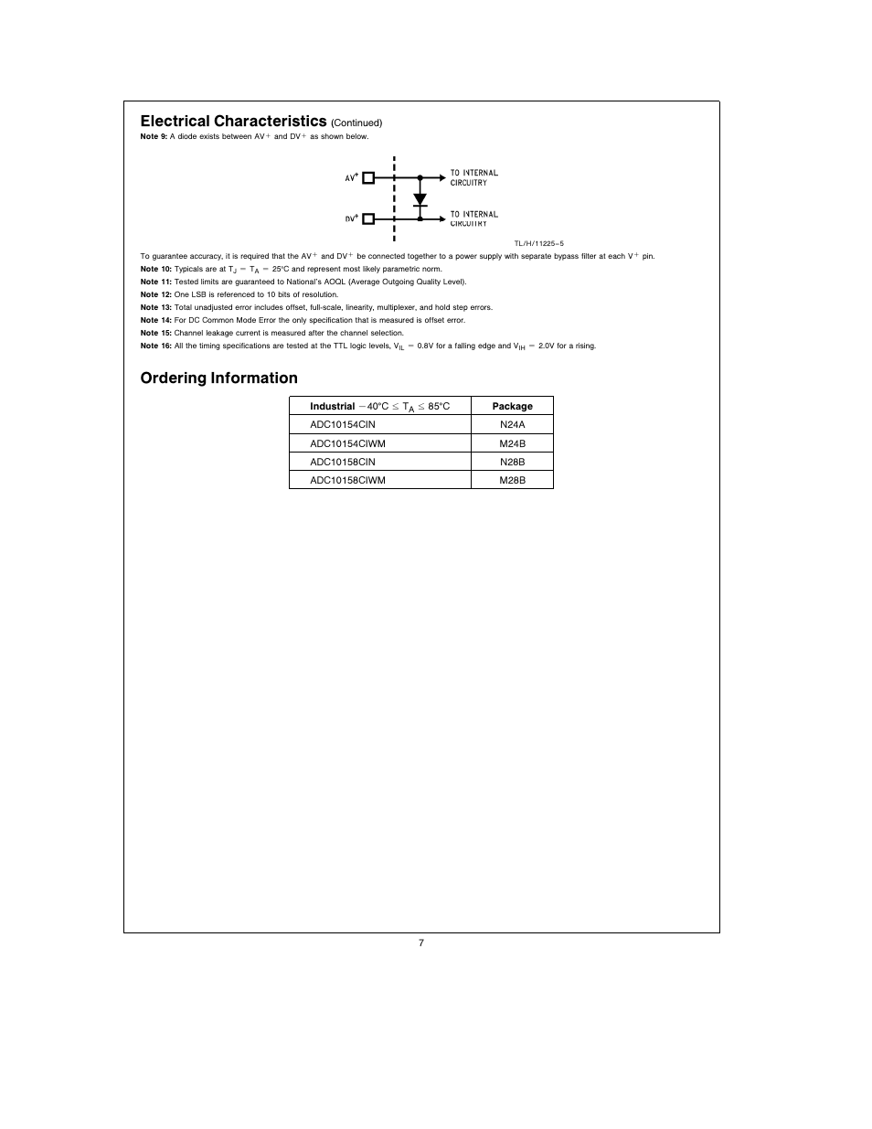 Electrical characteristics, Ordering information | Rainbow Electronics ADC10158 User Manual | Page 7 / 26
