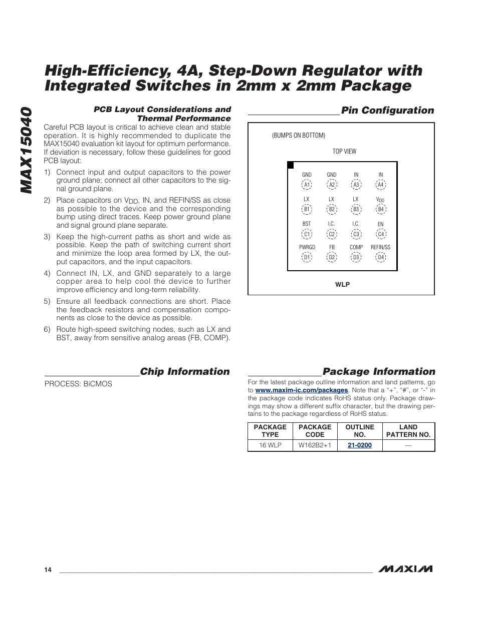 Chip information, Pin configuration package information | Rainbow Electronics MAX15040 User Manual | Page 14 / 15