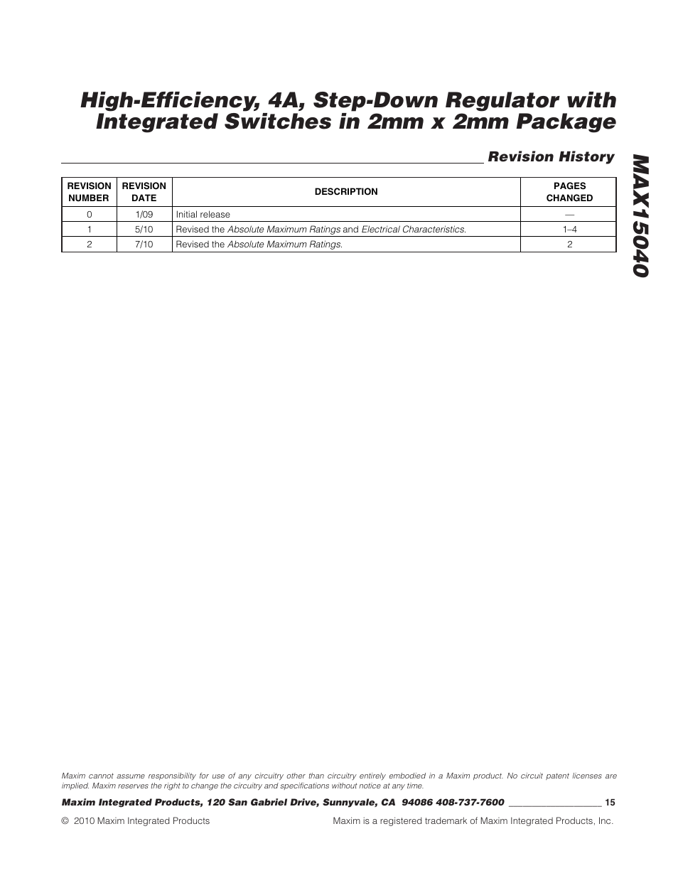 Revision history | Rainbow Electronics MAX15040 User Manual | Page 15 / 15