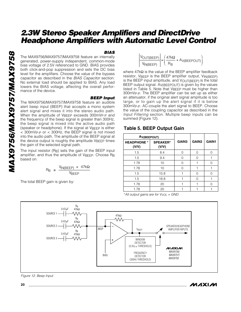 Table 5. beep output gain | Rainbow Electronics MAX9758 User Manual | Page 20 / 31