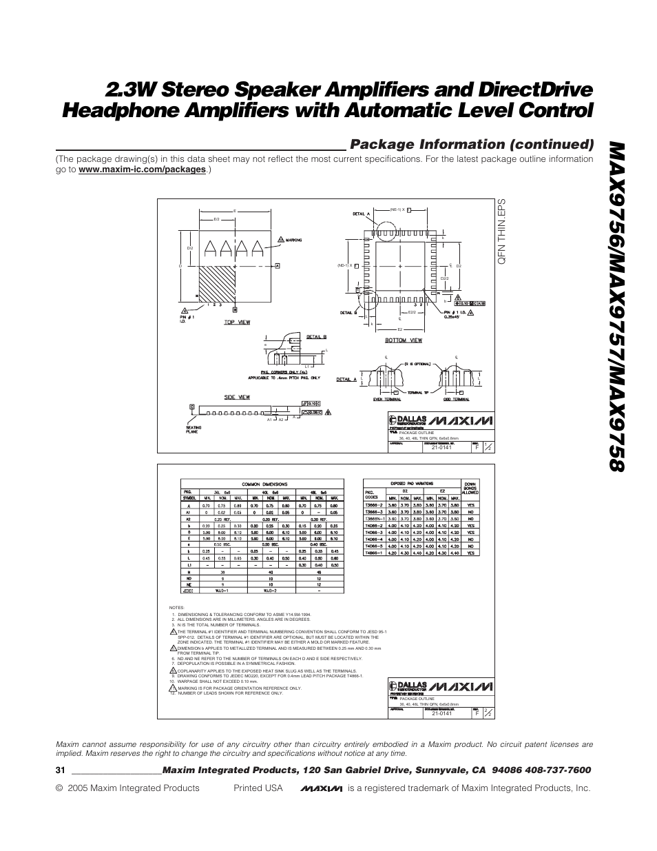 Package information (continued), Quijano, Qfn thin.eps | Rainbow Electronics MAX9758 User Manual | Page 31 / 31