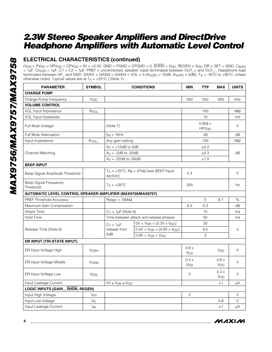 Electrical characteristics (continued) | Rainbow Electronics MAX9758 User Manual | Page 4 / 31