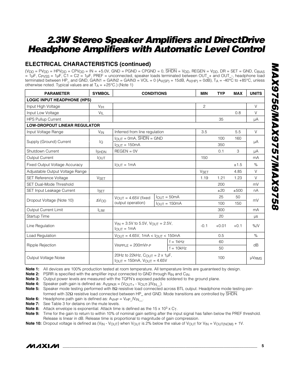 Electrical characteristics (continued) | Rainbow Electronics MAX9758 User Manual | Page 5 / 31