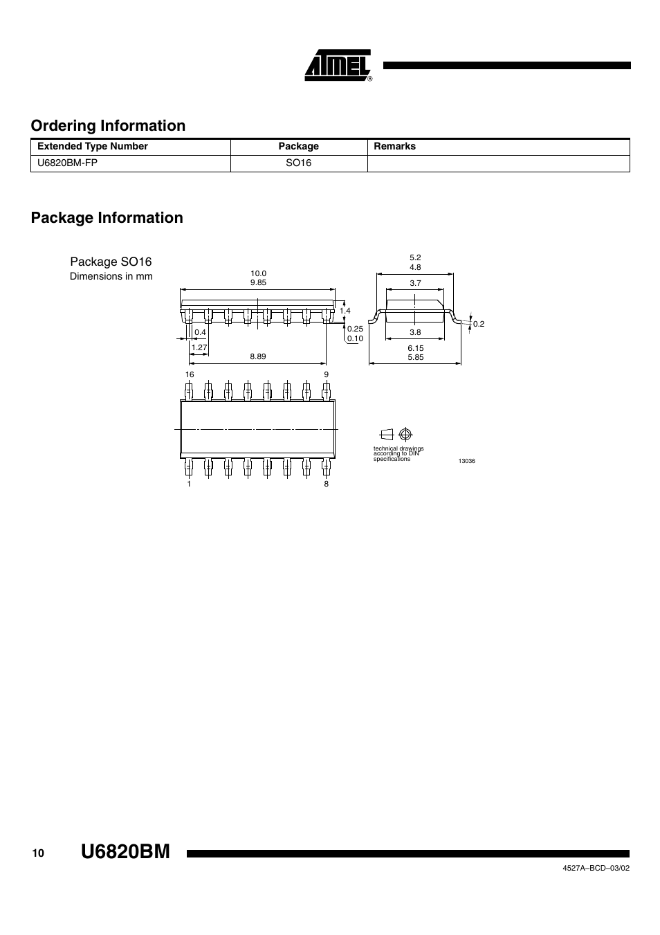 U6820bm, Package information ordering information, Package so16 | Rainbow Electronics U6820BM User Manual | Page 10 / 11