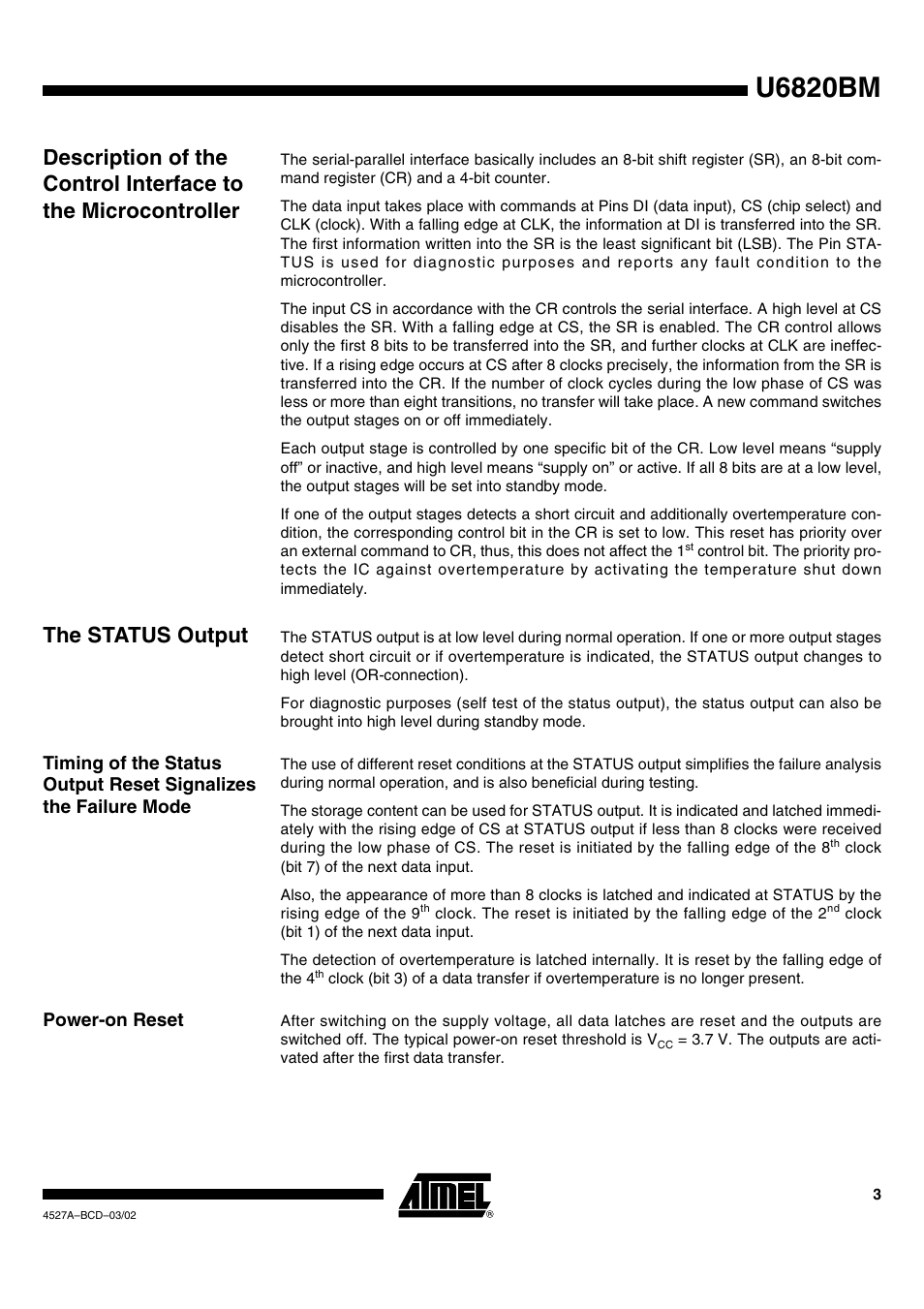 U6820bm, The status output, Power-on reset | Rainbow Electronics U6820BM User Manual | Page 3 / 11