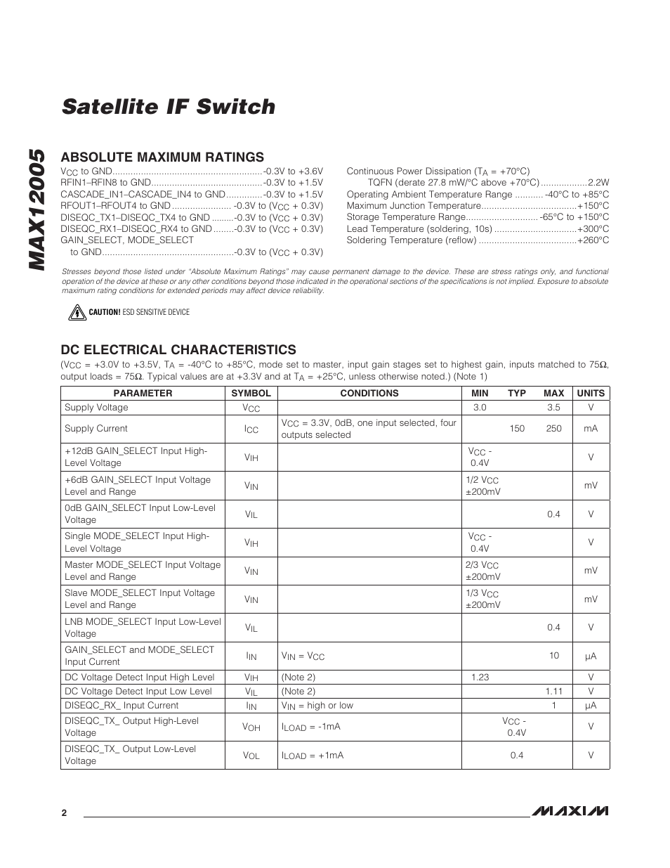 Dc electrical characteristics, Absolute maximum ratings | Rainbow Electronics MAX12005 User Manual | Page 2 / 14