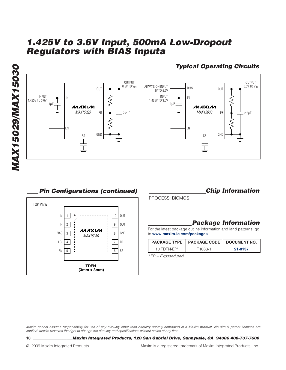 Chip information, Typical operating circuits, Pin configurations (continued) package information | Rainbow Electronics MAX15030 User Manual | Page 10 / 10