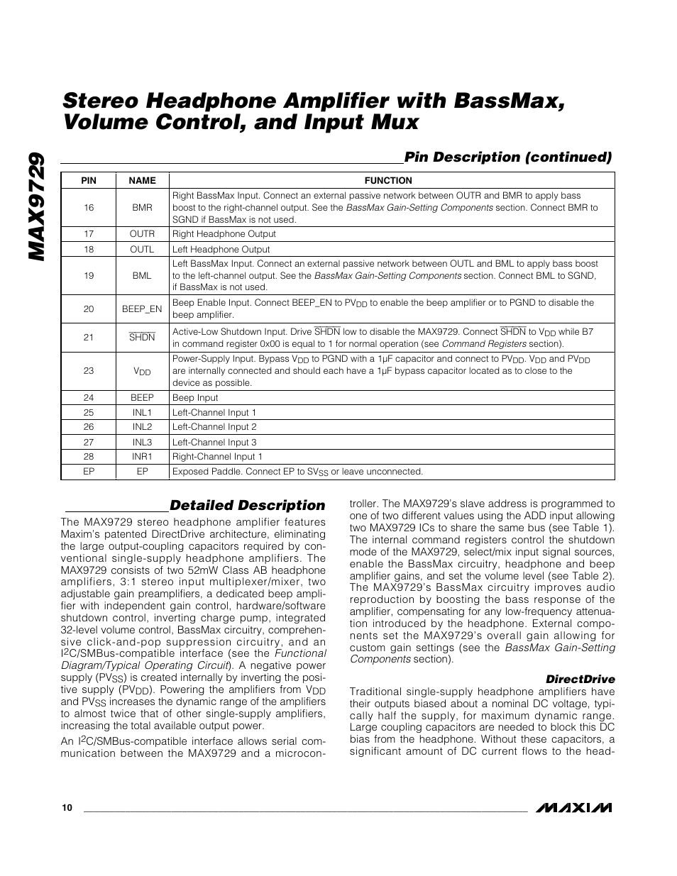 Max9729, Detailed description, Pin description (continued) | Rainbow Electronics MAX9729 User Manual | Page 10 / 28