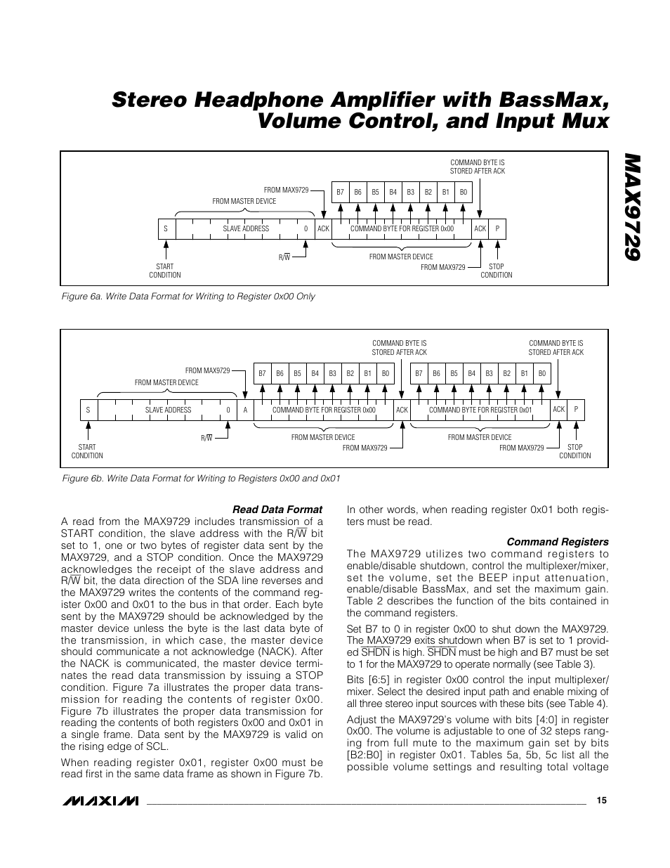 Read data format, Command registers | Rainbow Electronics MAX9729 User Manual | Page 15 / 28