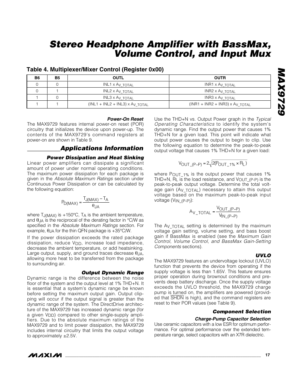 Applications information, Table 4. multiplexer/mixer control (register 0x00) | Rainbow Electronics MAX9729 User Manual | Page 17 / 28