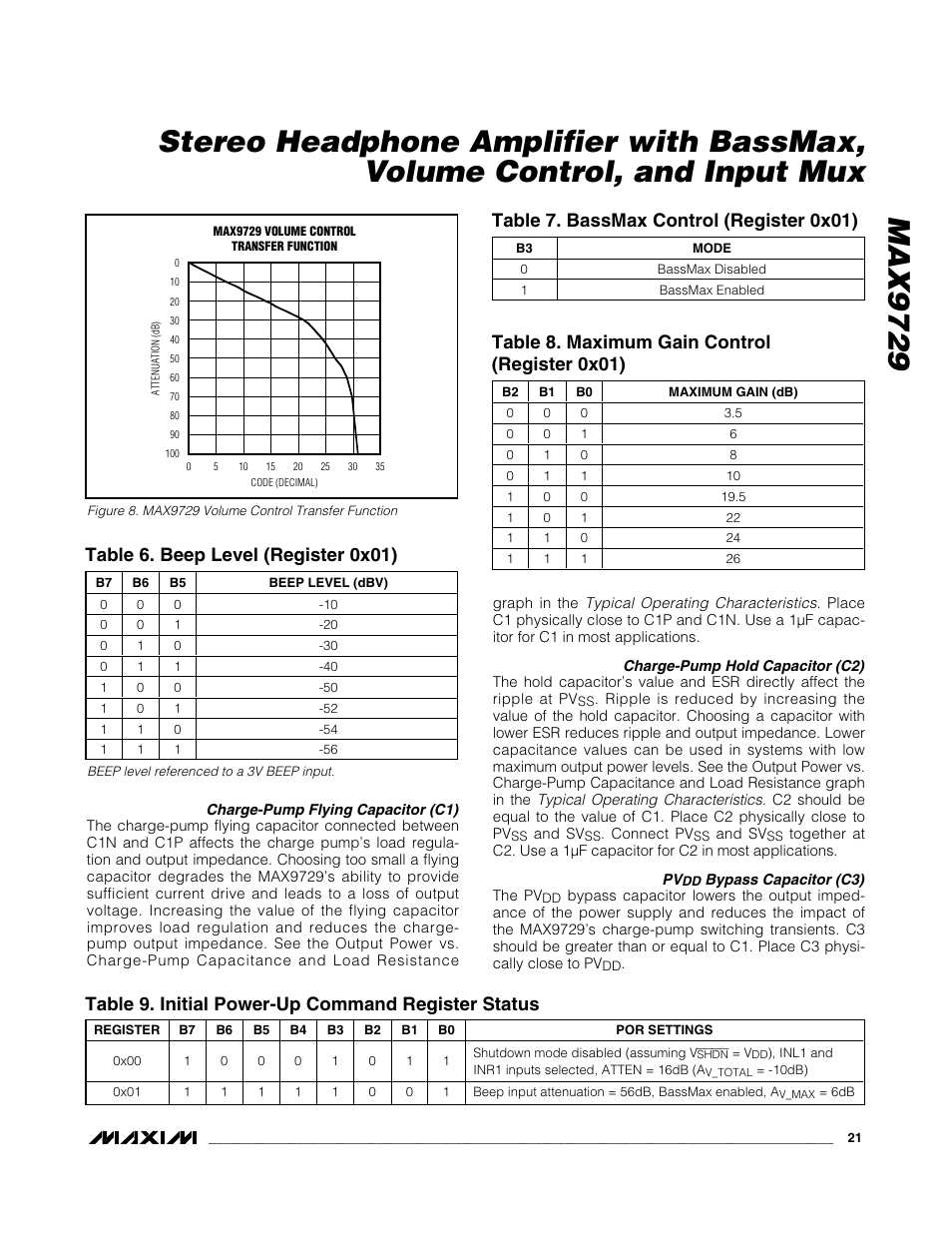 Table 6. beep level (register 0x01), Table 7. bassmax control (register 0x01) | Rainbow Electronics MAX9729 User Manual | Page 21 / 28