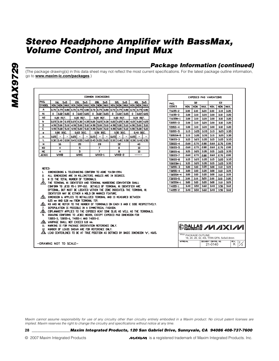 Package information (continued) | Rainbow Electronics MAX9729 User Manual | Page 28 / 28