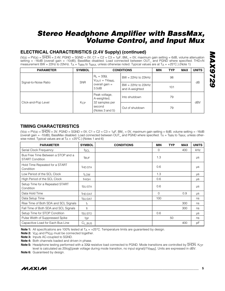 Timing characteristics | Rainbow Electronics MAX9729 User Manual | Page 5 / 28