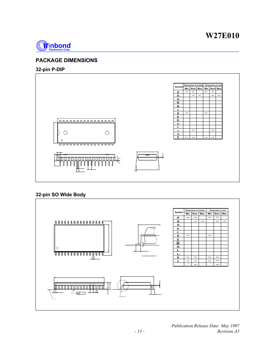 Package dimensions, Pin p-dip, Pin so wide body | Rainbow Electronics W27E010 User Manual | Page 13 / 14