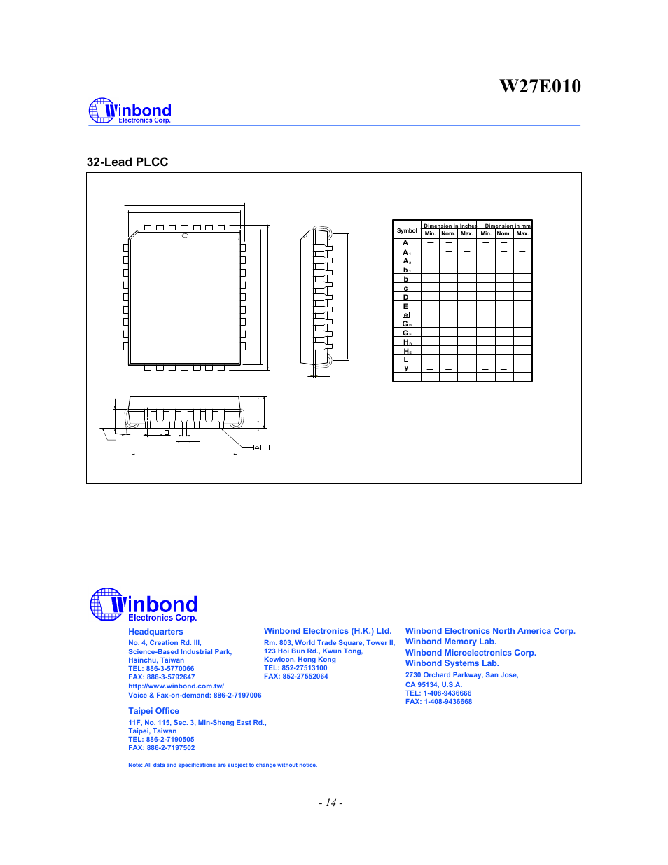 Lead plcc, Package dimensions, continued, Headquarters | Taipei office, Winbond electronics (h.k.) ltd, Ly a a | Rainbow Electronics W27E010 User Manual | Page 14 / 14