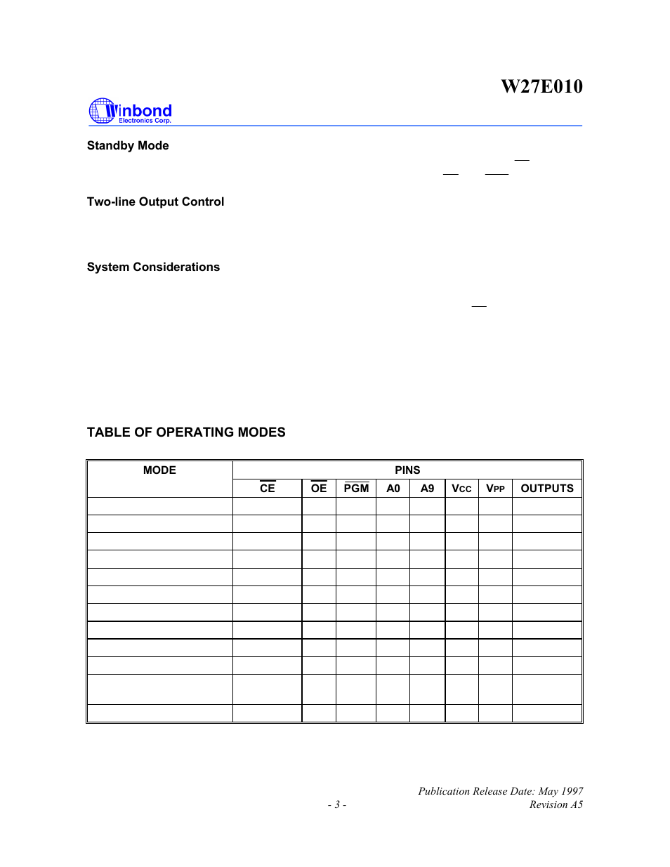 Table of operating modes | Rainbow Electronics W27E010 User Manual | Page 3 / 14