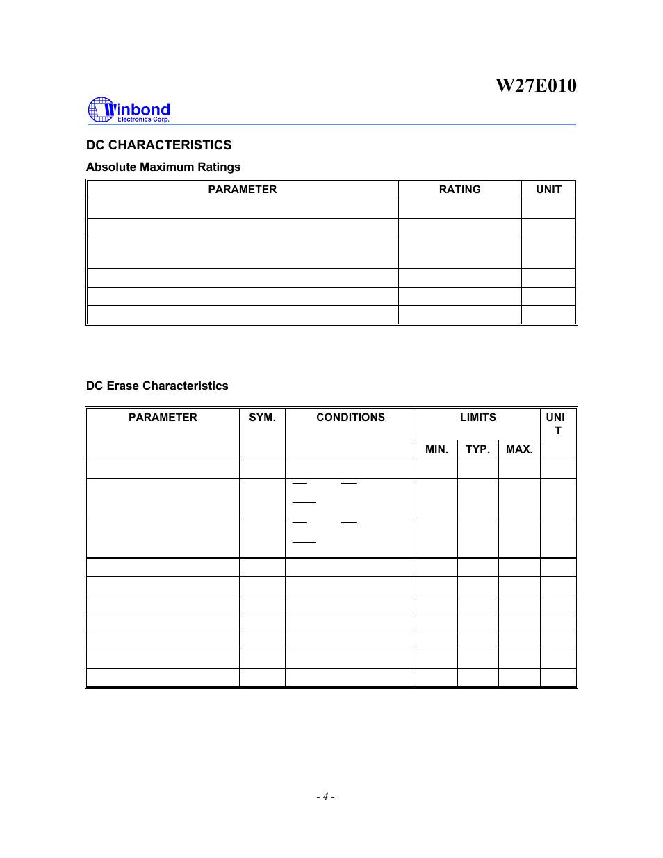 Dc characteristics | Rainbow Electronics W27E010 User Manual | Page 4 / 14