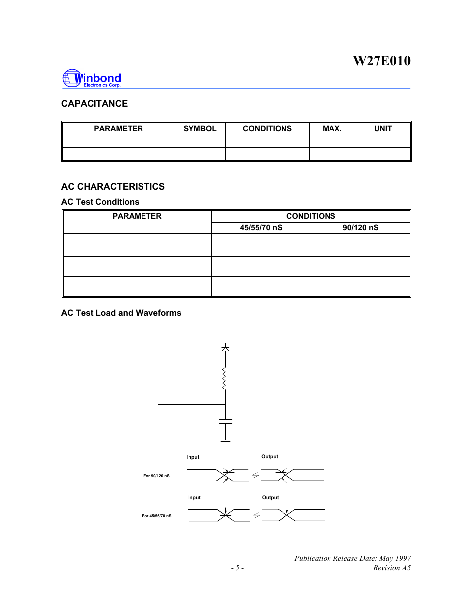Capacitance, Ac characteristics, Ac test conditions | Ac test load and waveforms | Rainbow Electronics W27E010 User Manual | Page 5 / 14