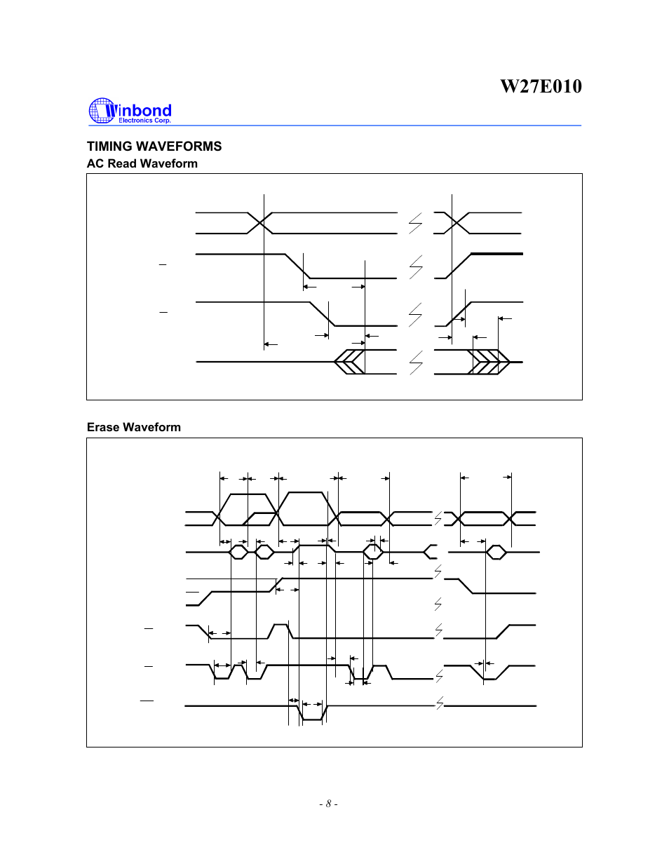 Timing waveforms, Ac read waveform, Erase waveform | Rainbow Electronics W27E010 User Manual | Page 8 / 14