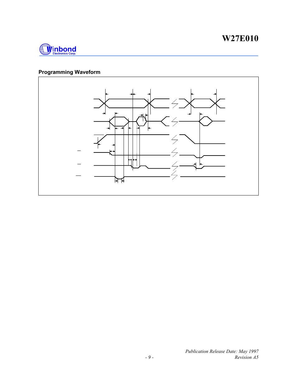 Programming waveform, Timing waveforms, continued | Rainbow Electronics W27E010 User Manual | Page 9 / 14