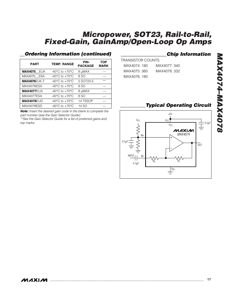 Chip information, Ordering information (continued), Typical operating circuit | Rainbow Electronics MAX4074_MAX4078 User Manual | Page 17 / 20