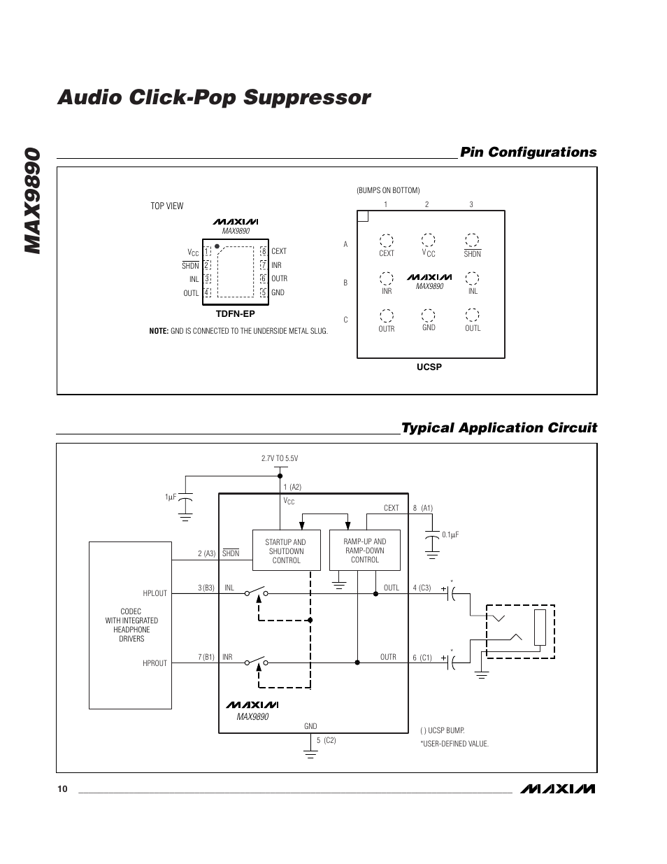 Max9890 audio click-pop suppressor, Pin configurations, Typical application circuit | Rainbow Electronics MAX9890 User Manual | Page 10 / 12