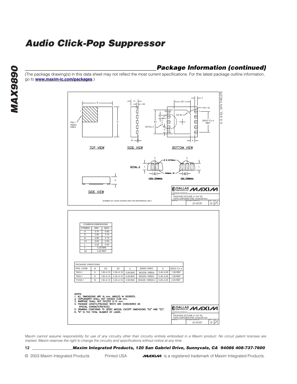 Max9890 audio click-pop suppressor, Package information (continued) | Rainbow Electronics MAX9890 User Manual | Page 12 / 12