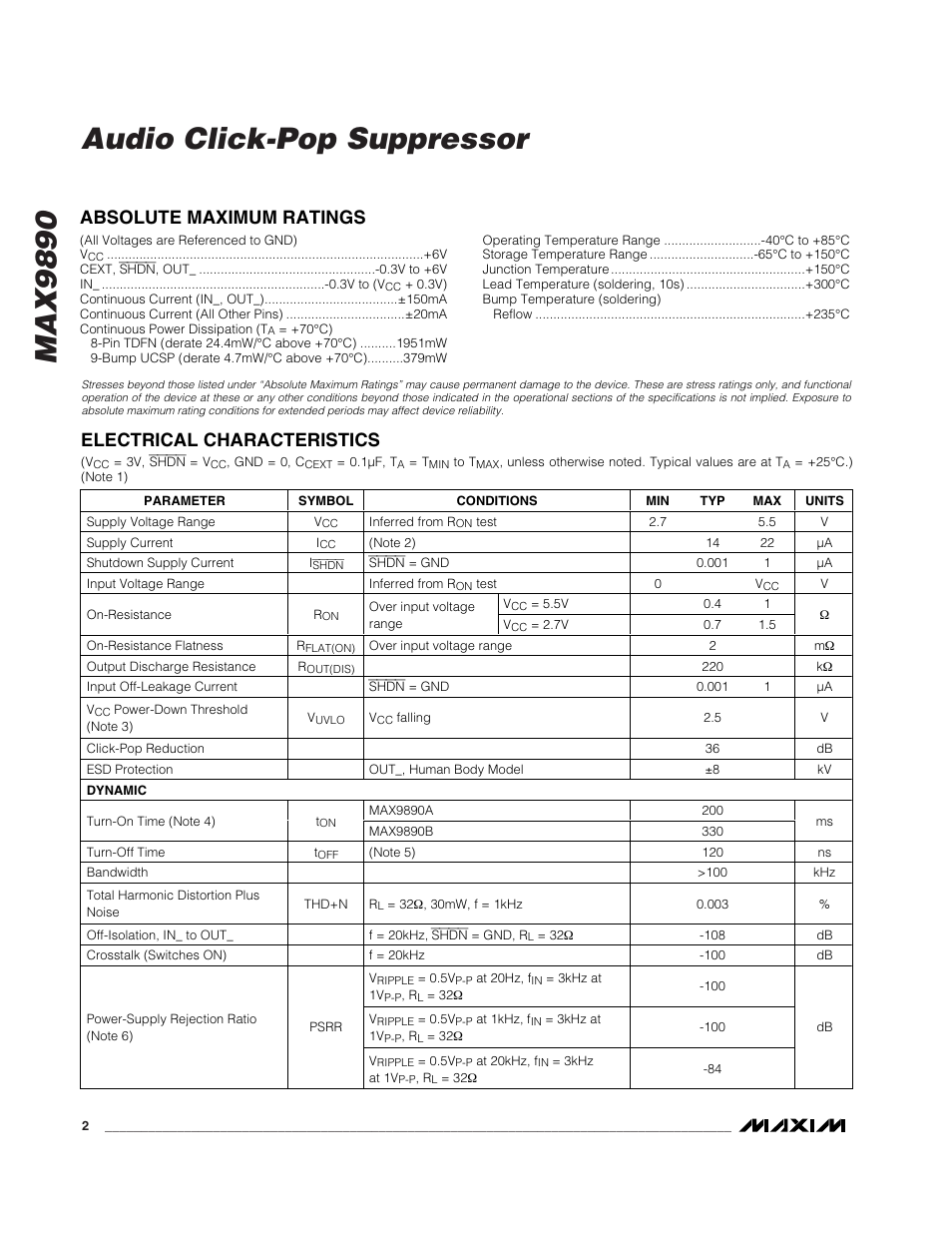 Max9890 audio click-pop suppressor, Absolute maximum ratings, Electrical characteristics | Rainbow Electronics MAX9890 User Manual | Page 2 / 12