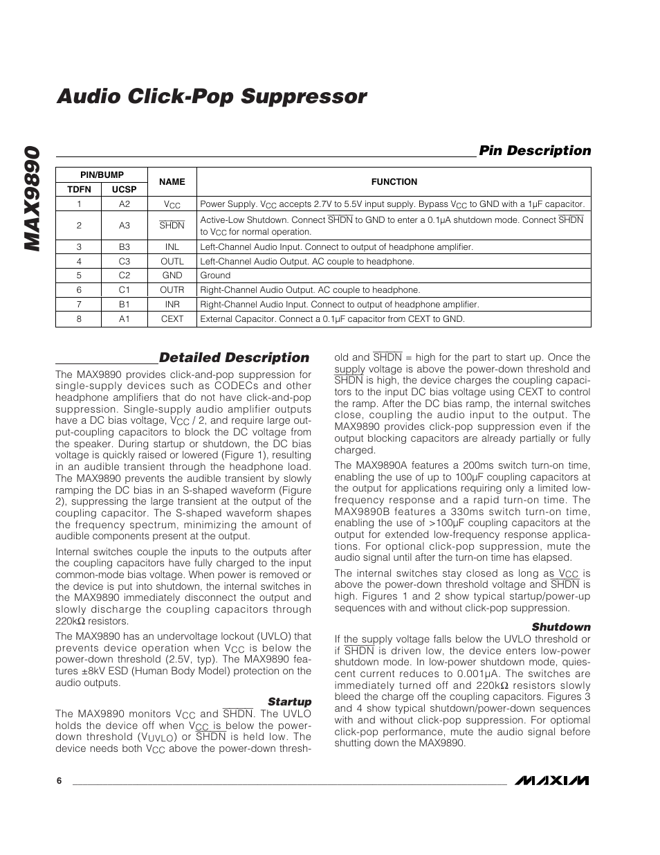 Max9890, Audio click-pop suppressor, Detailed description | Pin description | Rainbow Electronics MAX9890 User Manual | Page 6 / 12
