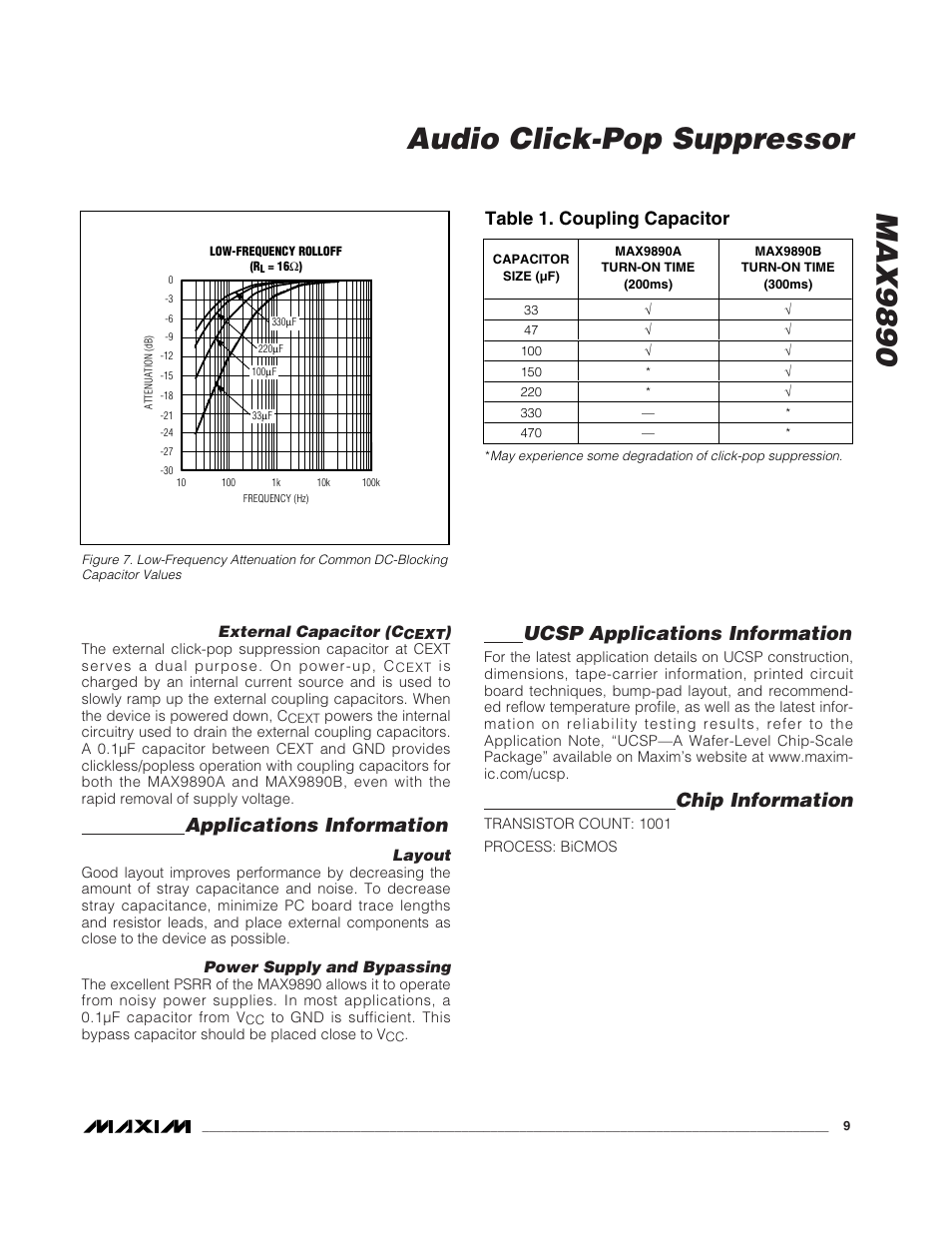 Max9890 audio click-pop suppressor, Applications information, Ucsp applications information | Chip information, Table 1. coupling capacitor | Rainbow Electronics MAX9890 User Manual | Page 9 / 12