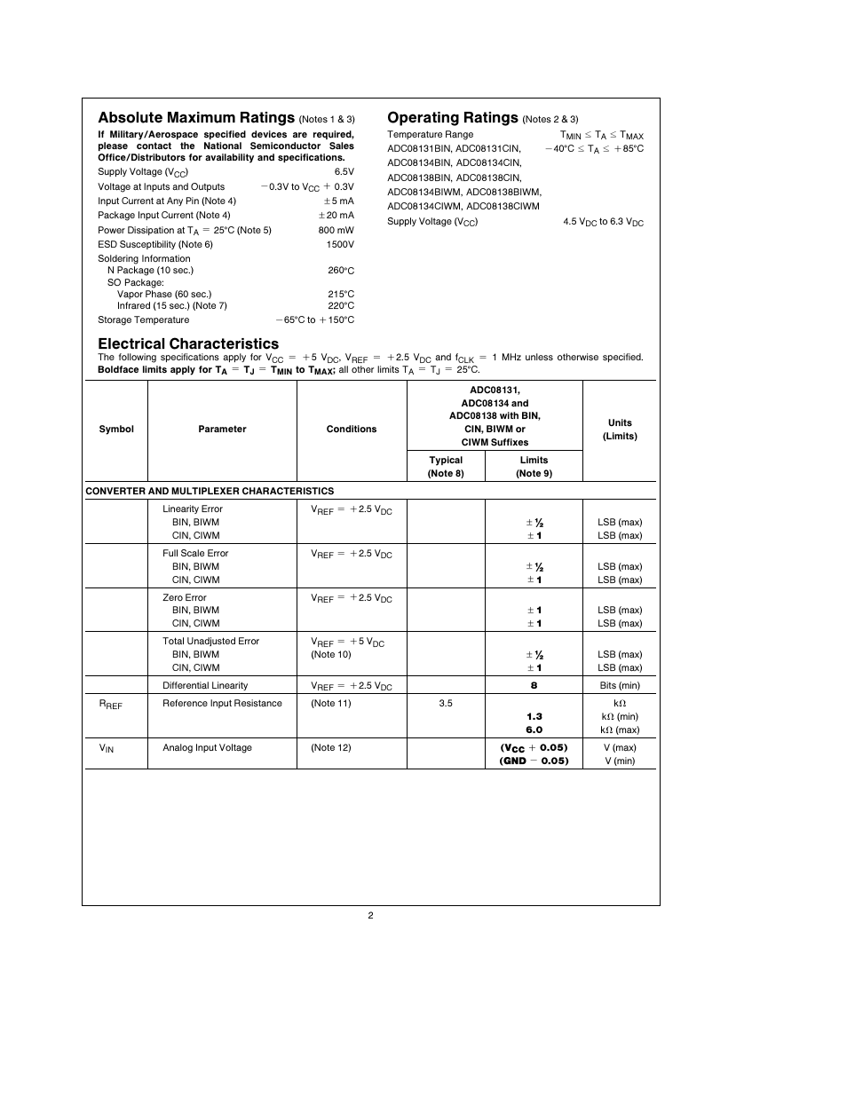 Absolute maximum ratings, Operating ratings, Electrical characteristics | Rainbow Electronics ADC08138 User Manual | Page 2 / 22