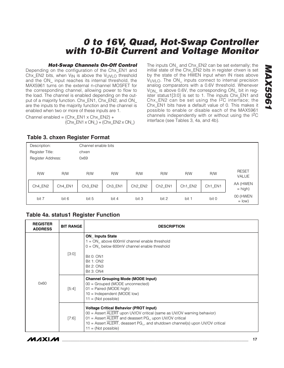 Table 4a. status1 register function, Table 3. chxen register format | Rainbow Electronics MAX5961 User Manual | Page 17 / 42