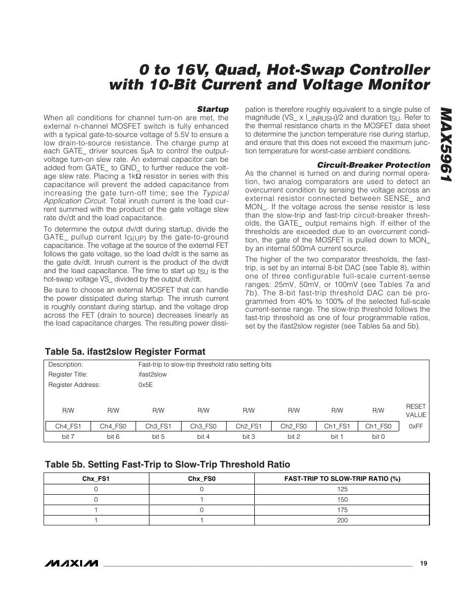 Table 5a. ifast2slow register format | Rainbow Electronics MAX5961 User Manual | Page 19 / 42