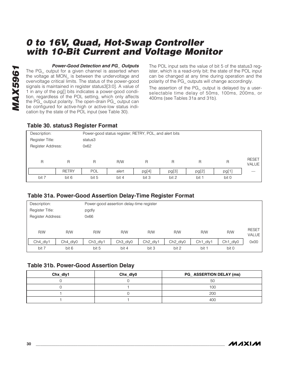 Table 30. status3 register format, Table 31b. power-good assertion delay | Rainbow Electronics MAX5961 User Manual | Page 30 / 42