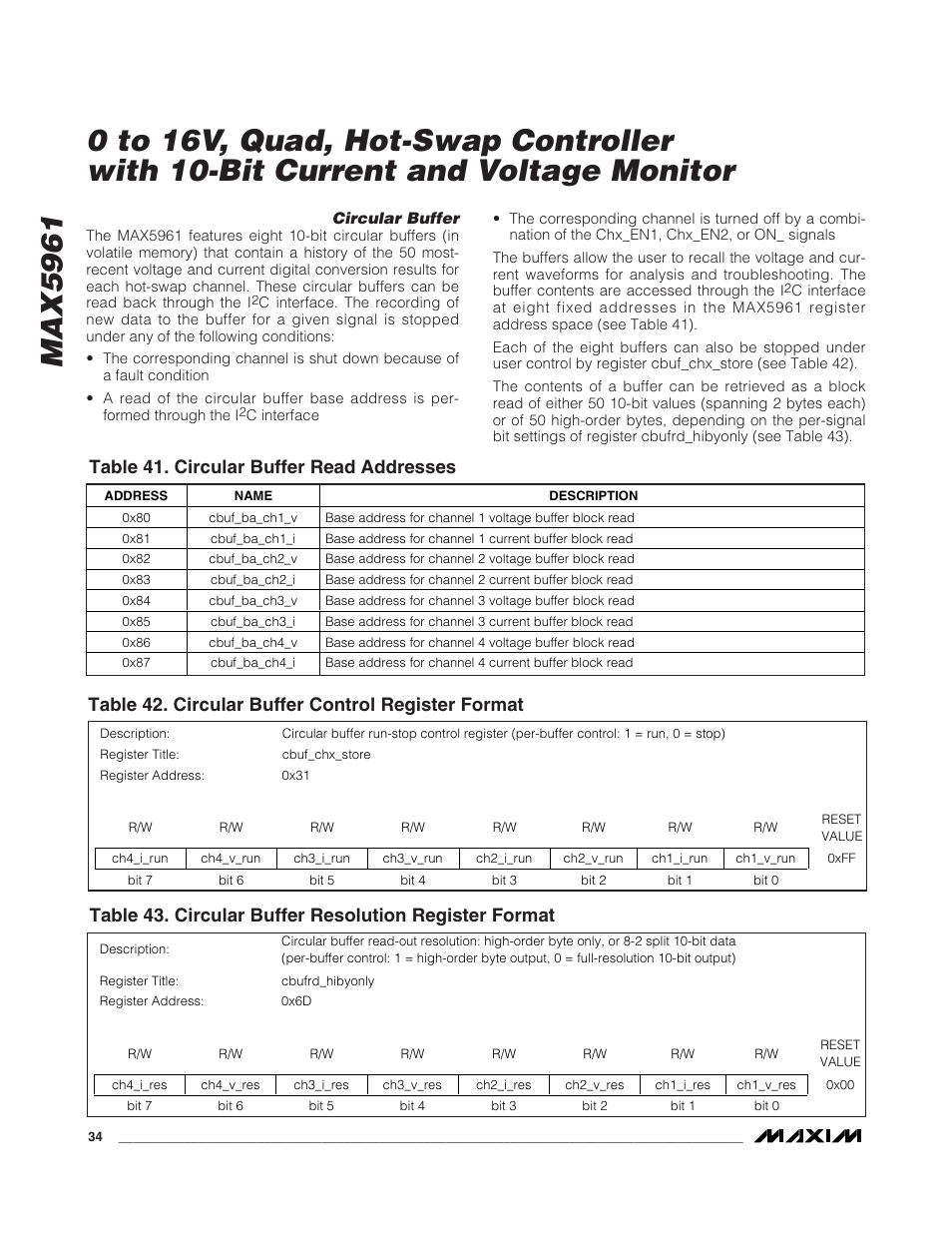 Table 41. circular buffer read addresses, Table 42. circular buffer control register format | Rainbow Electronics MAX5961 User Manual | Page 34 / 42