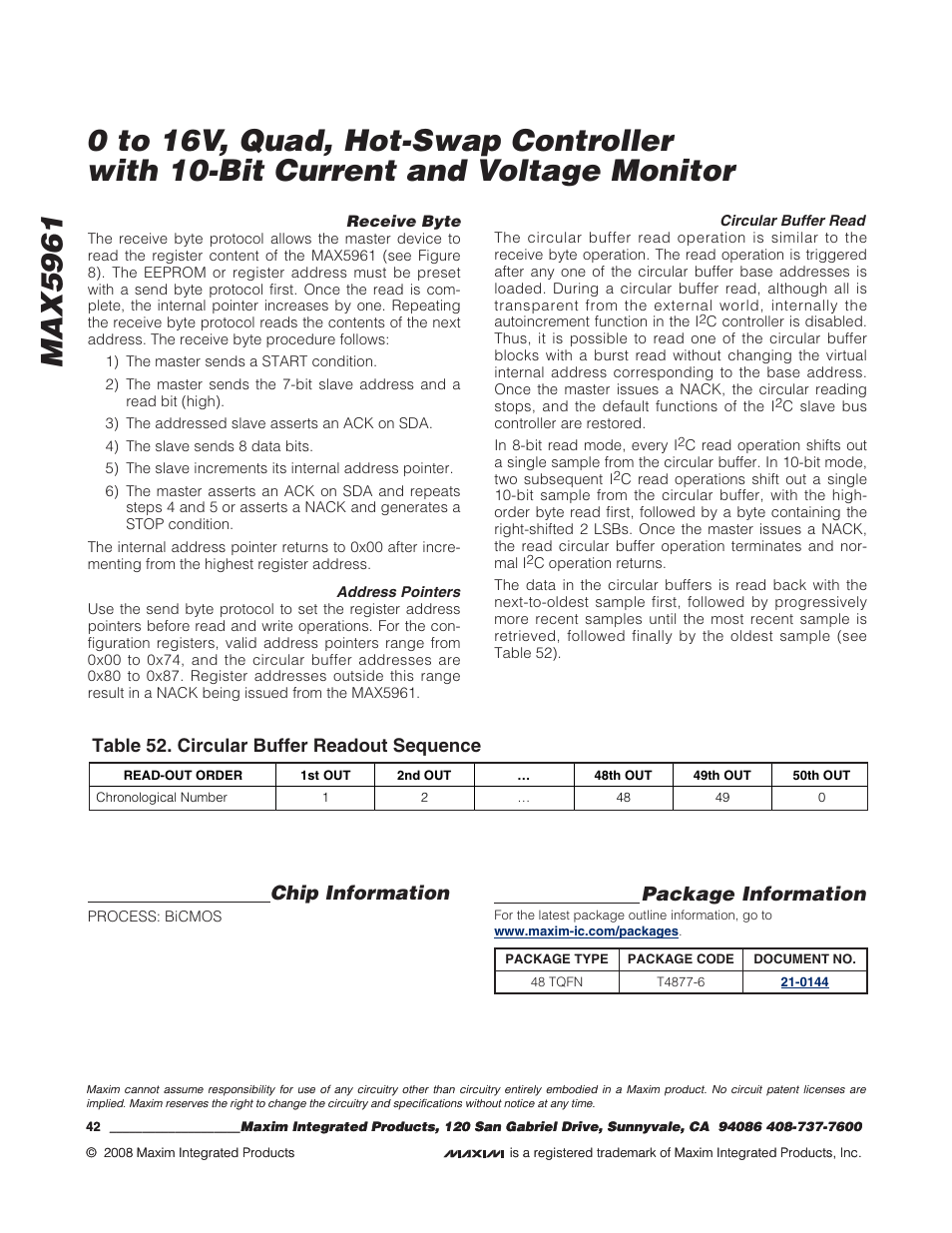 Chip information, Package information, Table 52. circular buffer readout sequence | Rainbow Electronics MAX5961 User Manual | Page 42 / 42