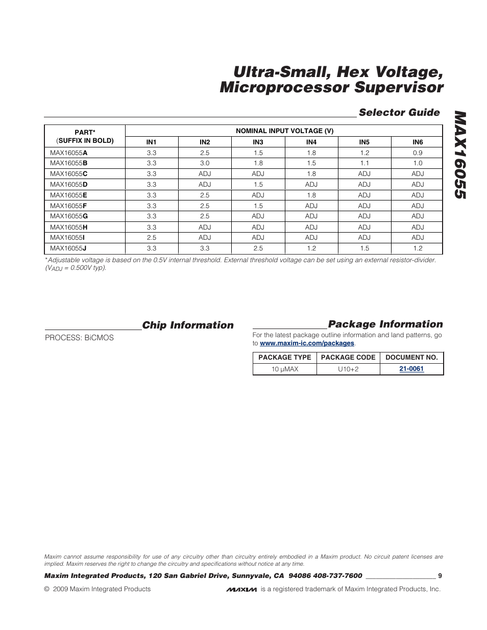 Chip information, Selector guide, Package information | Rainbow Electronics MAX16055 User Manual | Page 9 / 9