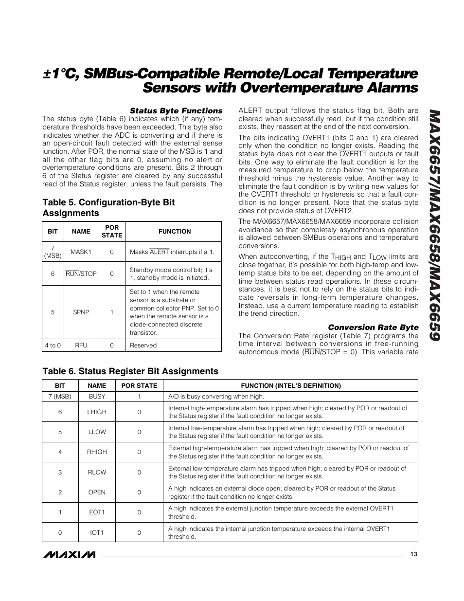 Table 5. configuration-byte bit assignments, Table 6. status register bit assignments | Rainbow Electronics MAX6659 User Manual | Page 13 / 17