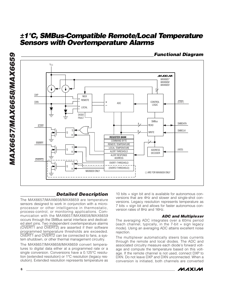 Detailed description, Functional diagram, Adc and multiplexer | Rainbow Electronics MAX6659 User Manual | Page 6 / 17