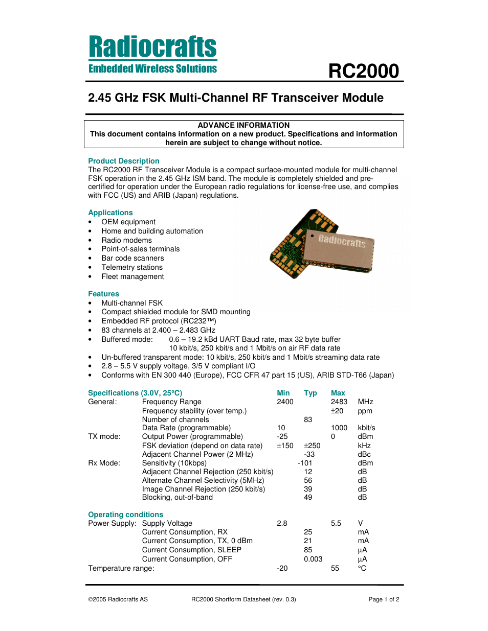 Rainbow Electronics RC2000 User Manual | 2 pages