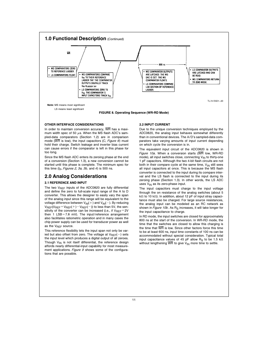 1 0 functional description, 2 0 analog considerations | Rainbow Electronics ADC0820 User Manual | Page 11 / 20