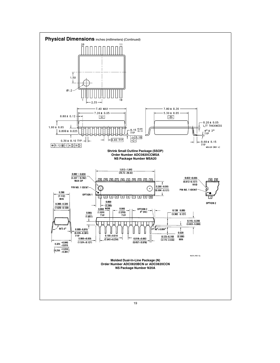 Physical dimensions | Rainbow Electronics ADC0820 User Manual | Page 19 / 20