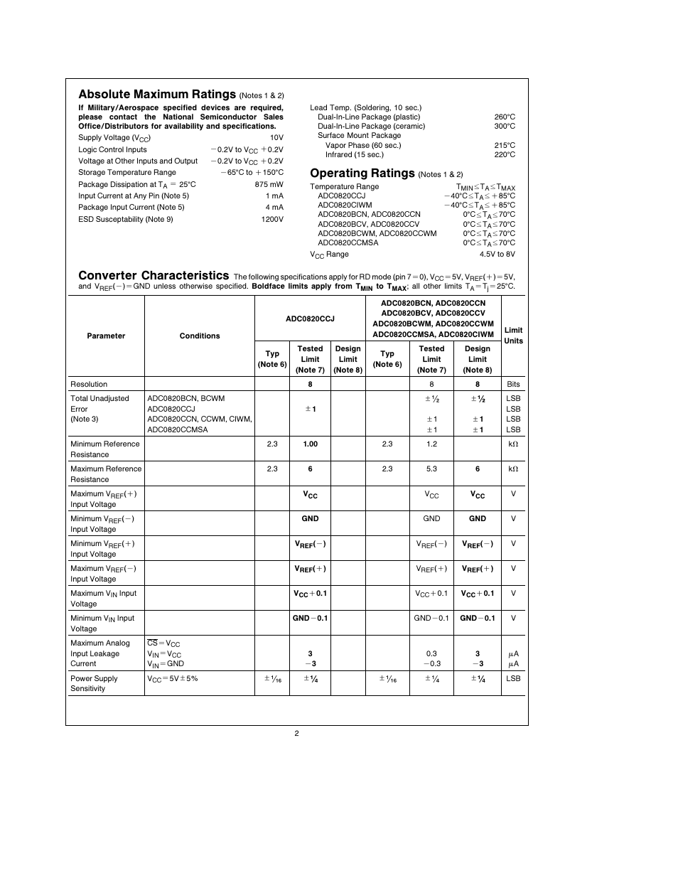 Absolute maximum ratings, Operating ratings, Converter characteristics | Rainbow Electronics ADC0820 User Manual | Page 2 / 20