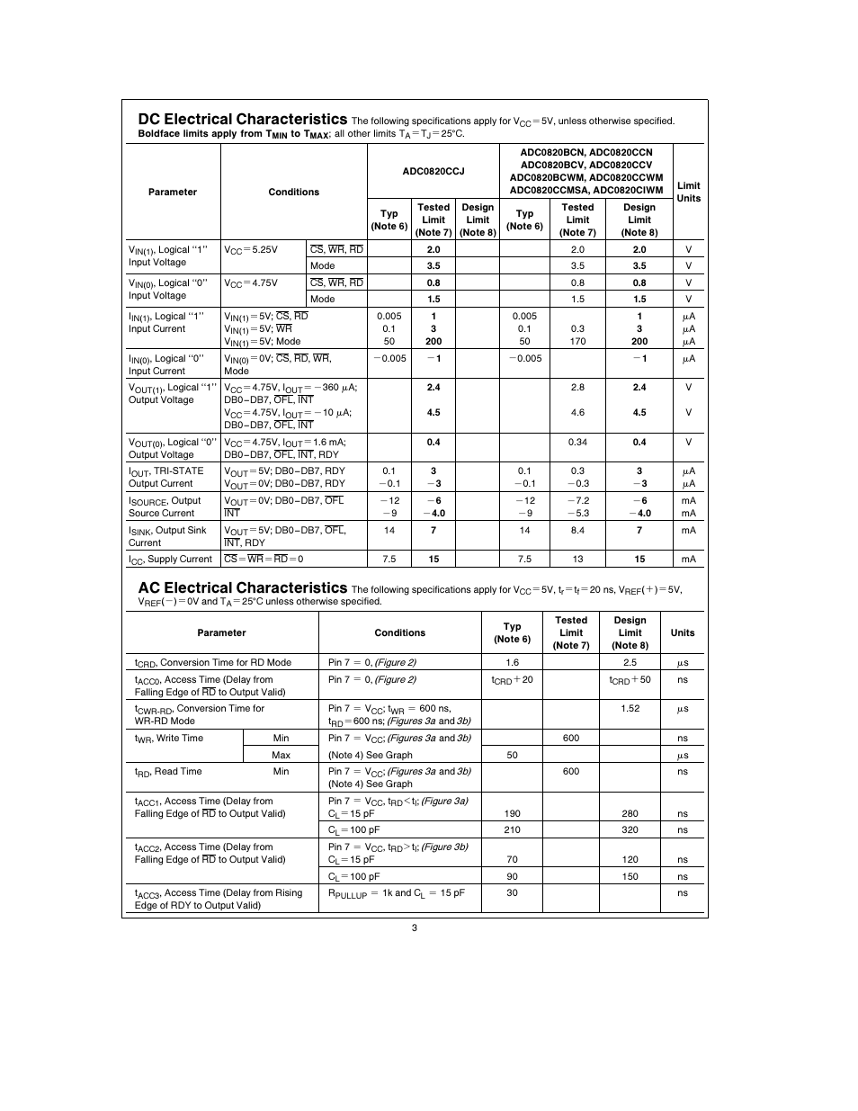 Dc electrical characteristics, Ac electrical characteristics | Rainbow Electronics ADC0820 User Manual | Page 3 / 20