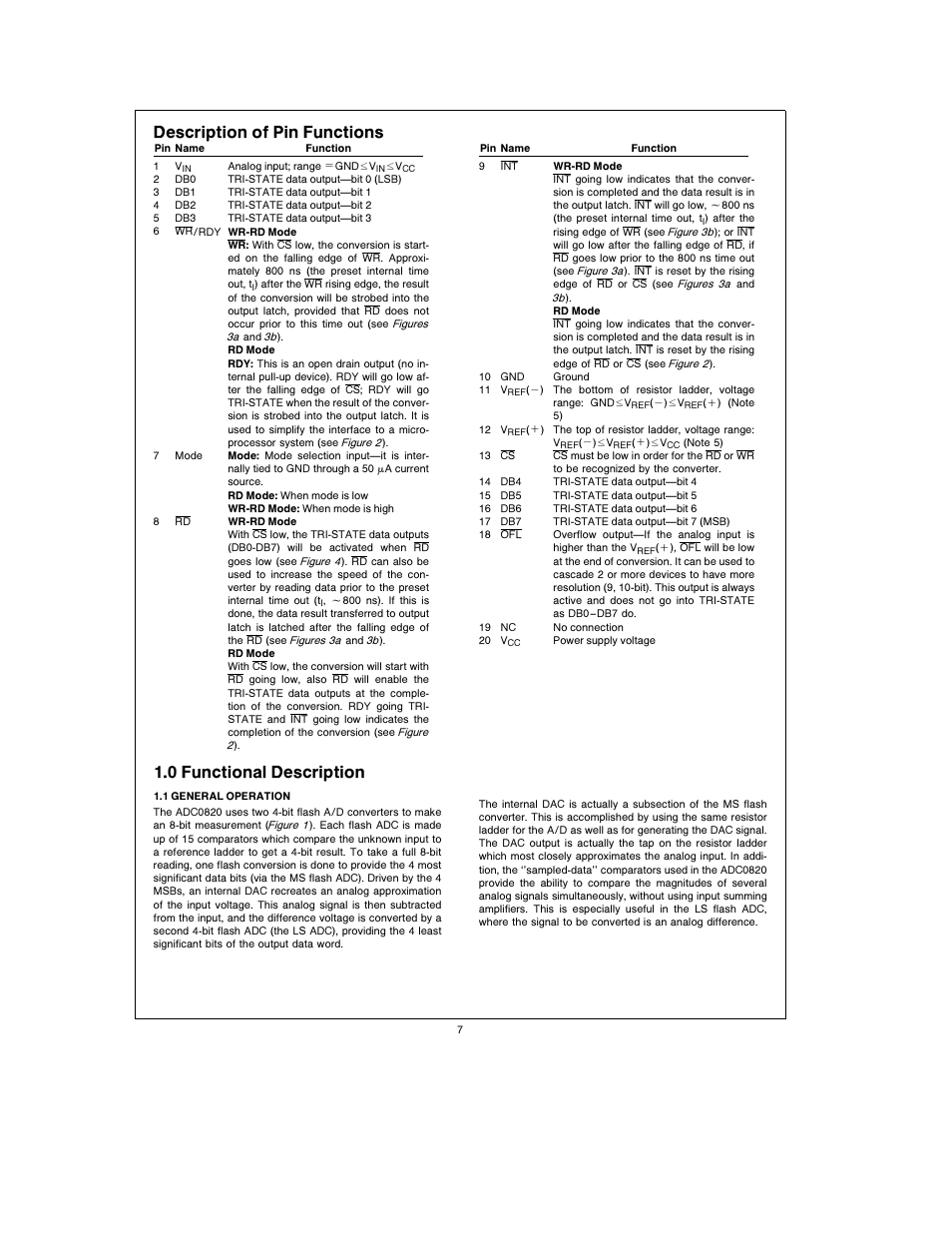 Description of pin functions, 1 0 functional description | Rainbow Electronics ADC0820 User Manual | Page 7 / 20