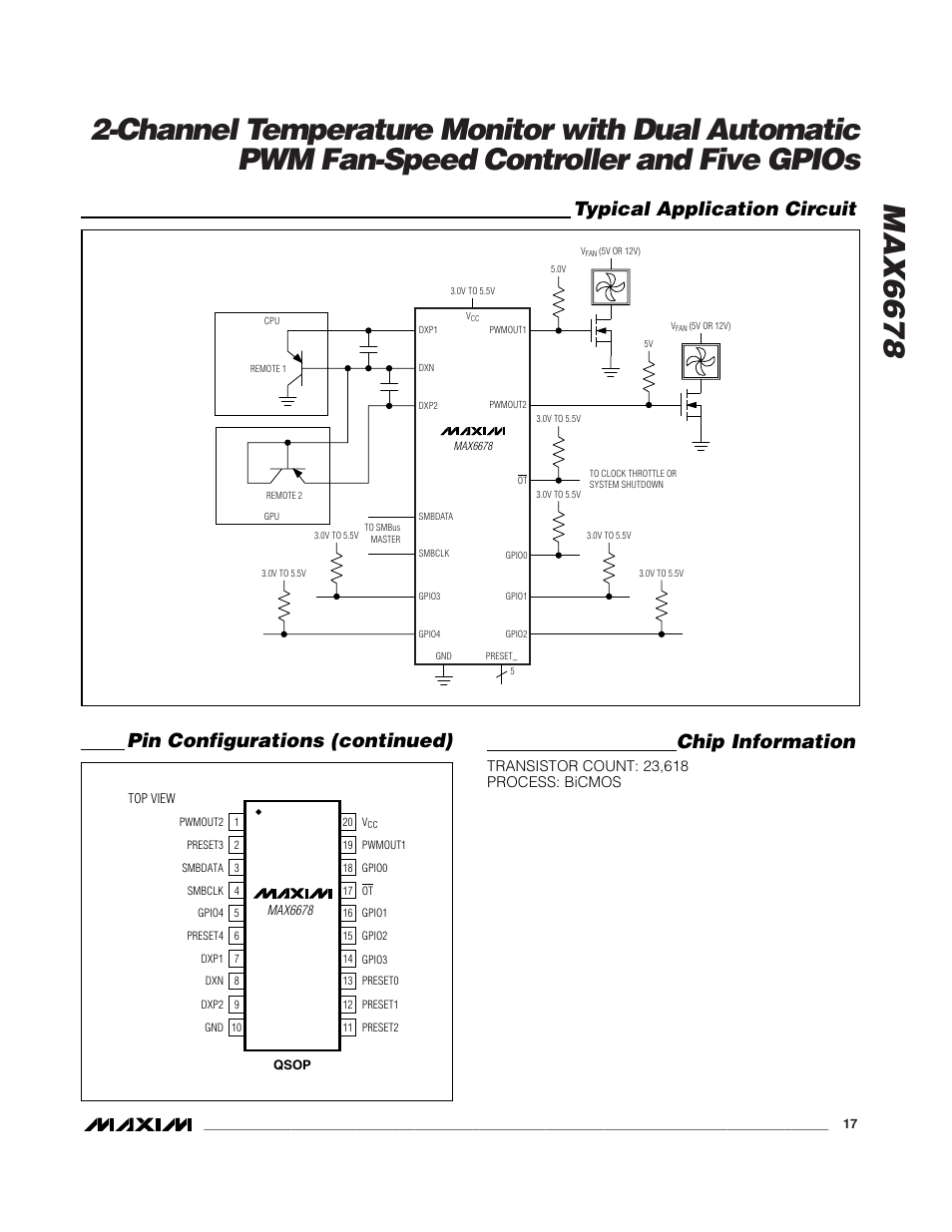 Pin configurations (continued) chip information, Typical application circuit | Rainbow Electronics MAX6678 User Manual | Page 17 / 19