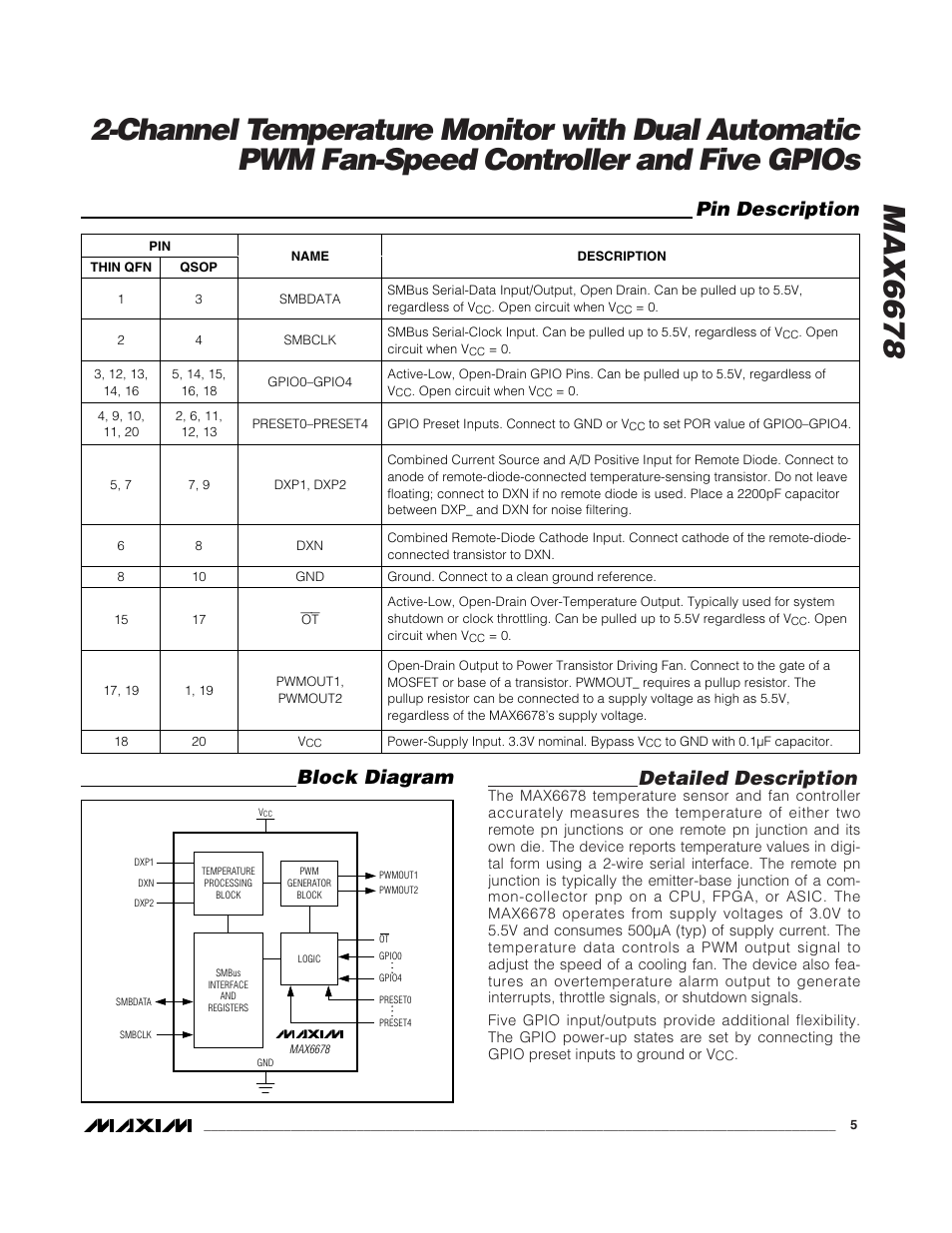 Detailed description, Pin description, Block diagram | Rainbow Electronics MAX6678 User Manual | Page 5 / 19