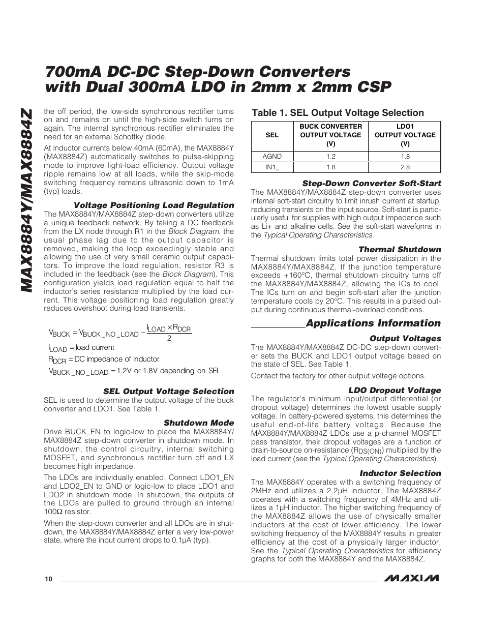 Applications information, Table 1. sel output voltage selection | Rainbow Electronics MAX8884Z User Manual | Page 10 / 15