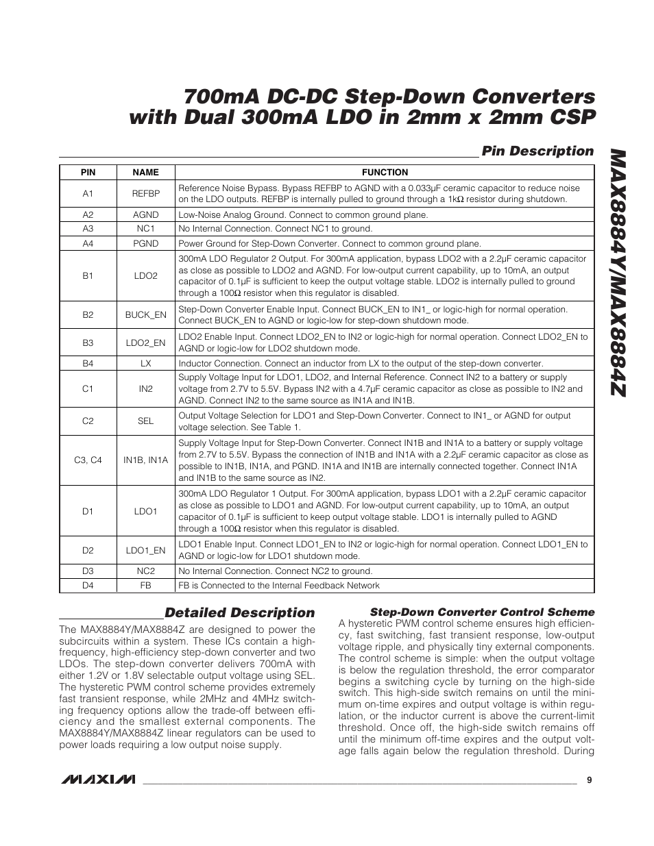 Detailed description, Pin description | Rainbow Electronics MAX8884Z User Manual | Page 9 / 15