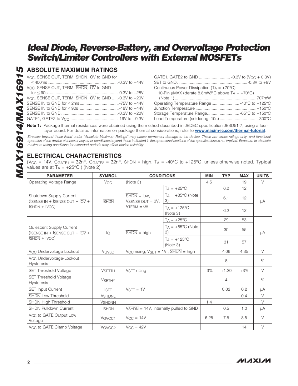 Electrical characteristics, Absolute maximum ratings | Rainbow Electronics MAX16915 User Manual | Page 2 / 9